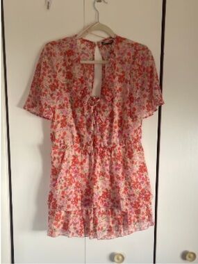 Zara Pink and Red Floral Tie-Front Tunic
